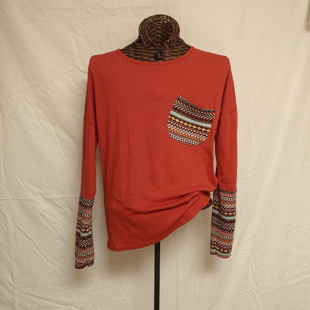 POGTMM Women's Fall Long Sleeve Patchwork Tee with Thumb Holes in Orange